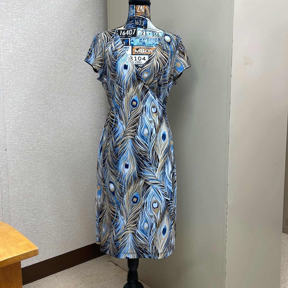 New York and Company dress, size L, peacock feather pattern in browns and blues